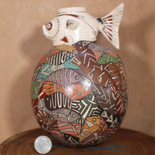 Load image into Gallery viewer, Handmade Mata Ortiz Pottery - Artist Manuel Rodriguez Guillen - Puffer Fish Topped Pottery