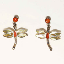 Load image into Gallery viewer, Gold Peruvian Dragonfly Earrings - Vermilion Spiny OysterGold Shell - Urin Huanca