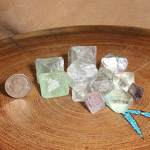 Load image into Gallery viewer, Octohedron Fluorite Crystals with dime for scale