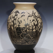 Load image into Gallery viewer, Decorative vase with black silhouette designs on a beige background