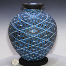 Load image into Gallery viewer, Ceramic vase with blue geometric pattern on a white background
