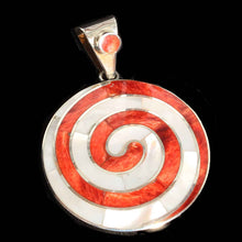 Load image into Gallery viewer, A silver pendant with red coral and white shell inlays, featuring a spiral design and a red coral piece in the bale.