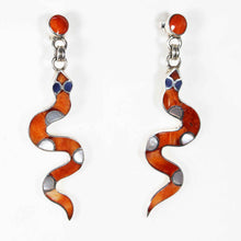 Load image into Gallery viewer, Pair Orange Coral Earrings - Sacred Inca Snakes - Vivid & Handmade