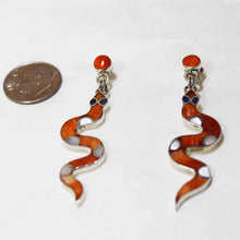 Load image into Gallery viewer, Pair Orange Coral Earrings - Sacred Inca Snakes - Vivid & Handmade