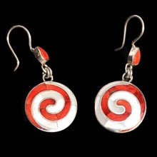 Load image into Gallery viewer, A pair of silver earrings with red coral and white shell inlays, featuring a spiral design.