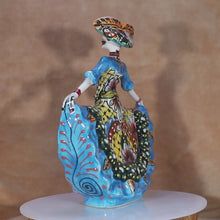 Load and play video in Gallery viewer, Video of Talavera Catrina Bailarina in Blue Day of the Dead Dancing Figure. This hat wearing Señora is an integral image in the National Mexican Holiday of ....
