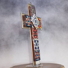 Load image into Gallery viewer, Decorative cross with colorful tiles on a gray background