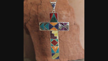 Load and play video in Gallery viewer, Peruvian Inlay Cross - Fine Silver & Precious Stones