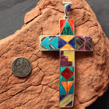 Load image into Gallery viewer, Peruvian Inlay Cross - Fine Silver & Precious Stones.