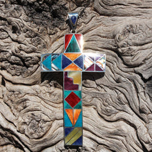Load image into Gallery viewer, Peruvian Inlay Cross - Fine Silver & Precious Stones.