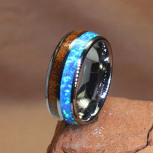 Load image into Gallery viewer, Tungsten Rings For Men Blue Opal For Sale Koa Wood From Hawaii Size 8