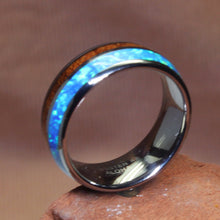 Load image into Gallery viewer, Tungsten Rings For Men Blue Opal For Sale Koa Wood From Hawaii Size 8