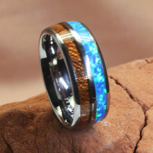 Load image into Gallery viewer, Tungsten Rings For Men Blue Opal For Sale Koa Wood From Hawaii Size 8