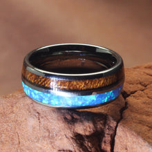 Load image into Gallery viewer, Tungsten Rings For Men Blue Opal For Sale Koa Wood From Hawaii Size 8