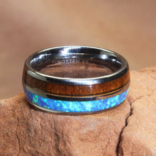 Load image into Gallery viewer, Tungsten Rings For Men Blue Opal For Sale Koa Wood From Hawaii Size 8