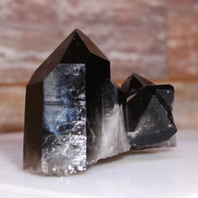 Load image into Gallery viewer, Two black crystal formations on a white surface with a blurred brown background
