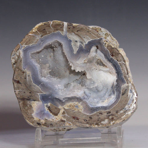 Geode with internal crystal structure on a gray background