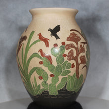 Load image into Gallery viewer, Decorative ceramic vase with bird and cactus design on a gray background
