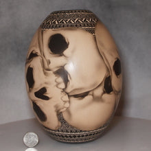 Load image into Gallery viewer, Dark Shadow Skulls Mata Ortiz Pottery with dime for size comparison
