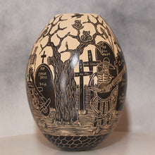 Load image into Gallery viewer, Decorative folk art hand made pottery with intricate black designs on a neutral background
