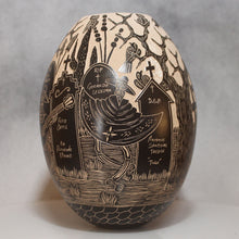 Load image into Gallery viewer, Decorative mata ortiz pottery with intricate black designs on a gray background
