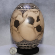 Load image into Gallery viewer, Mata Ortiz pottery with airbrushed skulls next to quarter for scale
