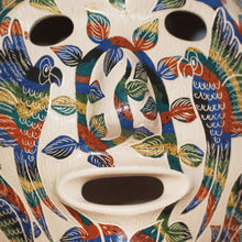 Load image into Gallery viewer, Close-up of mata ortiz pottery mask with parrots and foliage etched images
