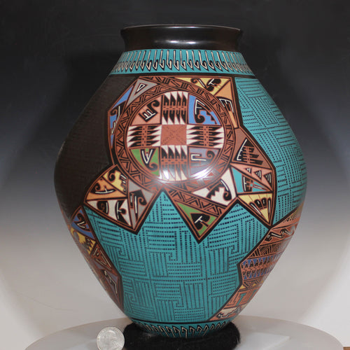 Immense Mata Ortiz Pottery Geometric Designs with quarter for size comparison