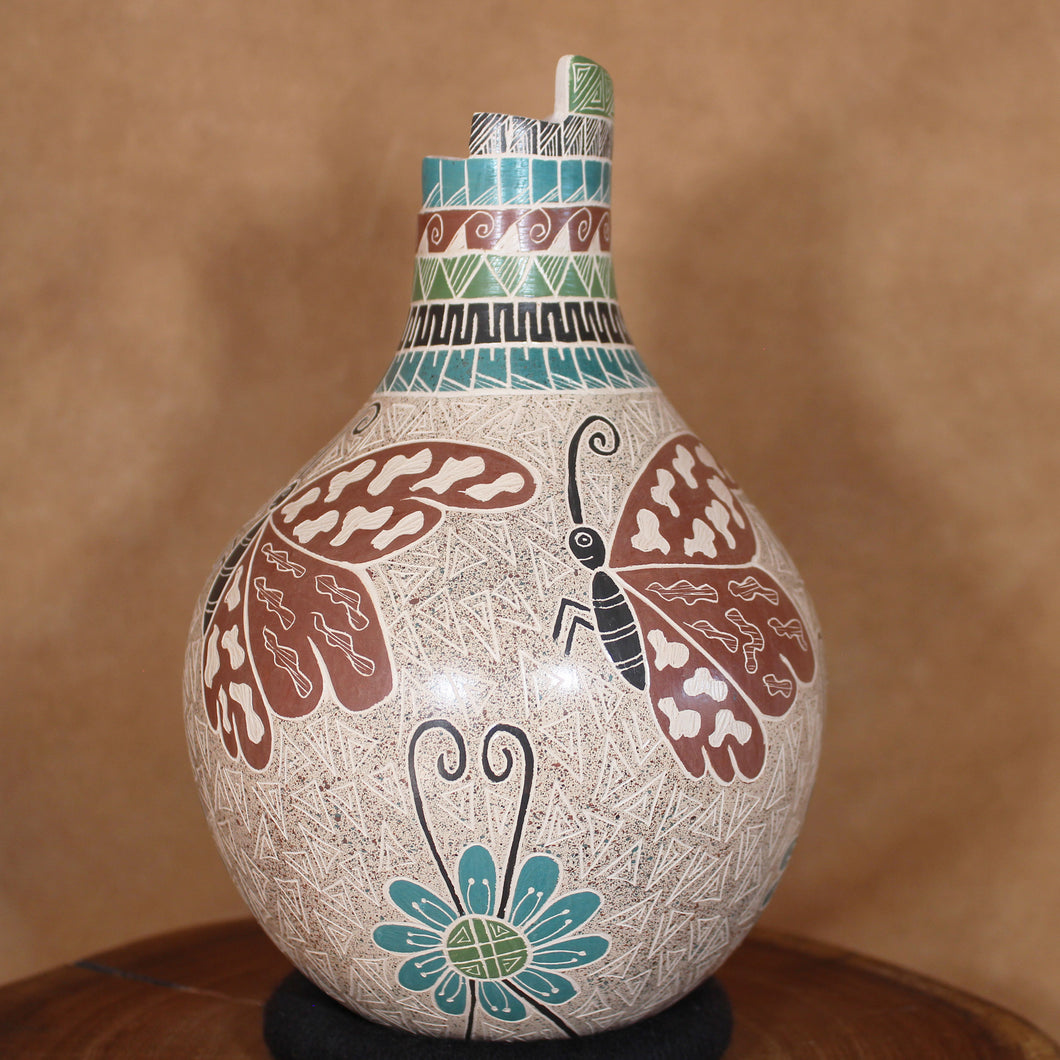 Ms. Nallely Aldaváz - Butterflies Above Blue Flowers - Mexican Mata Ortiz Pottery