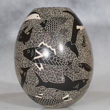 Load image into Gallery viewer, Decorative vase with black and white fish pattern on a gray background
