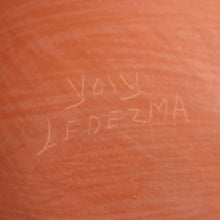 Load image into Gallery viewer, Text &#39;Yoly LEDEZMA&#39; written on a textured orange surface of Mata Ortiz Mexican Pottery Low Profile Checkered 

