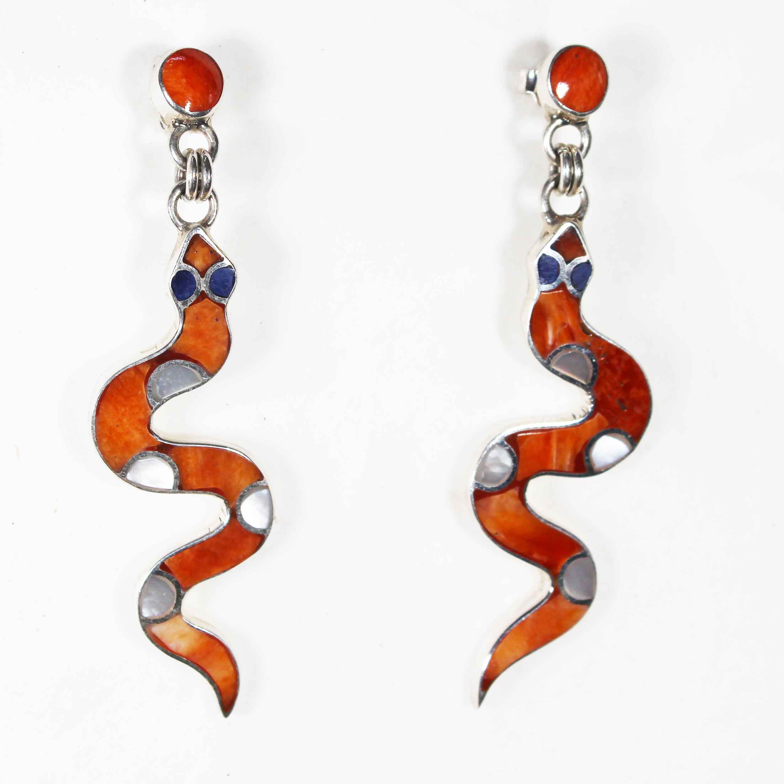 Pair Orange Coral Earrings - Sacred Inca Snakes - Vivid & Handmade