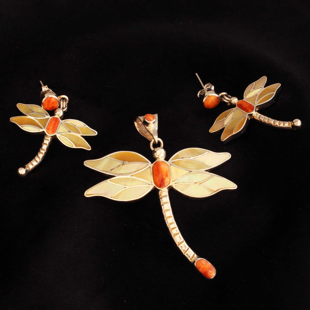 Dragonfly Pendant & Earrings - Spiny Oyster & Golden Nacre Shell - Urin Huanca