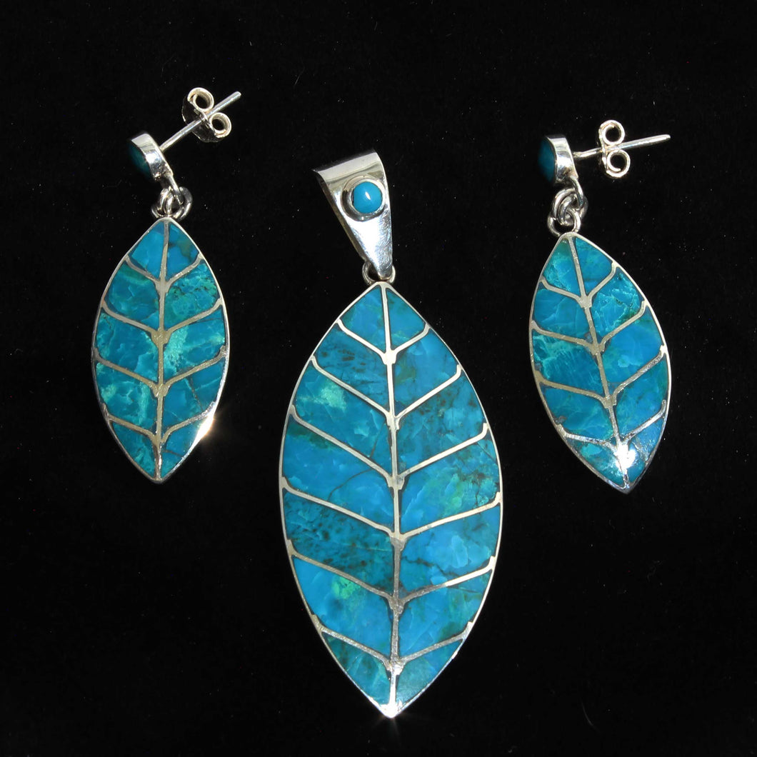 Azurite Set Peru Earrings & Pendant - Sacred Cocoa Leaf - Urin Huanca
