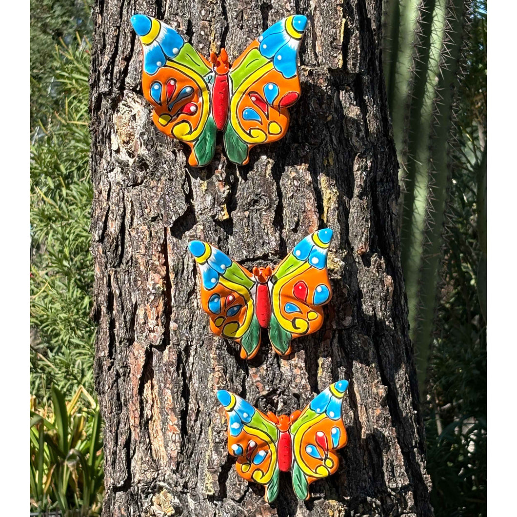 Set Of 3 Matching Blue Tipped Butterflies - Talavera Mexican Mariposas Ceramic Art