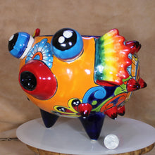 Load image into Gallery viewer, Another optional view of Puffer Fish Talavera Mexican Folk Art with quarter for scale
