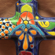 Load image into Gallery viewer, Talavera Cross Blue - Brightly Painted Christian Symbol
