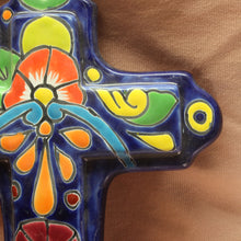 Load image into Gallery viewer, Talavera Cross Blue - Brightly Painted Christian Symbol
