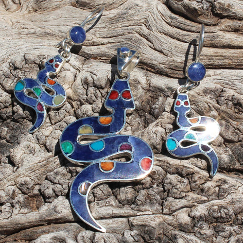 Blue Incan Snakes Earrings & Pendant - Urin Huanca.