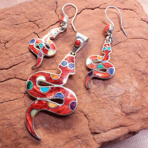 Red-Orange Incan Snakes Earrings & Pendant - Urin Huanca.