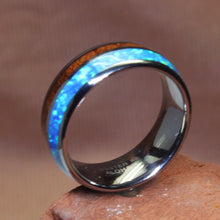 Load image into Gallery viewer, Tungsten Rings For Men Blue Opal For Sale Koa Wood From Hawaii Size 8 
