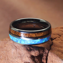 Load image into Gallery viewer, Tungsten Rings For Men Blue Opal For Sale Koa Wood From Hawaii Size 8 
