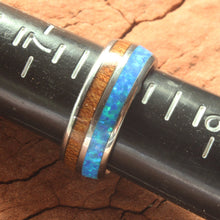 Load image into Gallery viewer, Tungsten Rings For Men Blue Opal For Sale Koa Wood From Hawaii Size 8 
