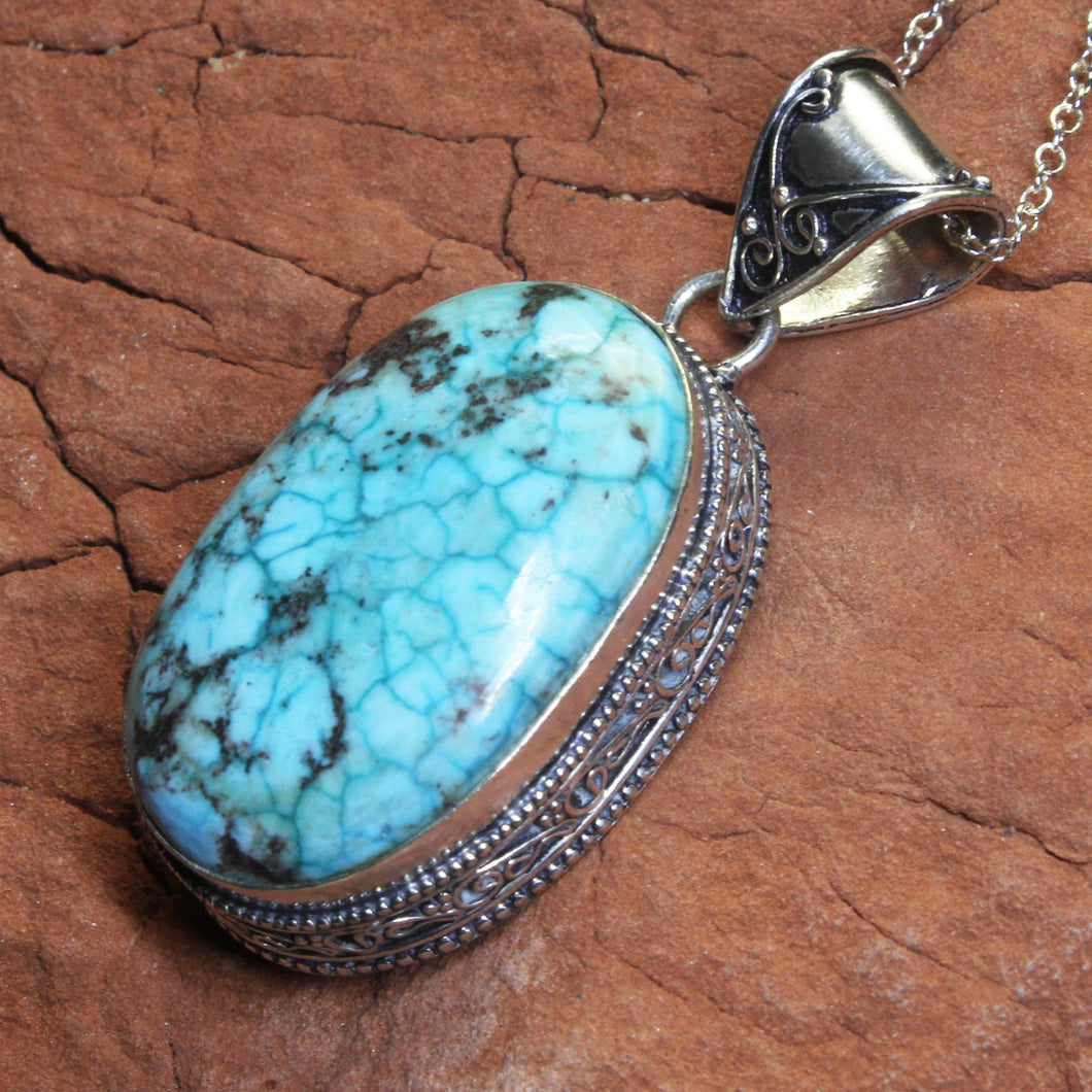 Oval Turquoise Pendant in Silver - Kashmir Connection.