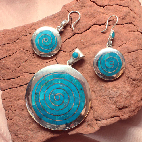 Incan Earrings & Pendant - Turquoise & Sterling Silver - Urin Huanca Peruvian Fine Jewelry.