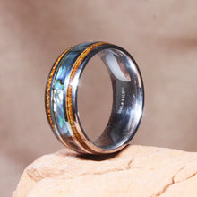 Load image into Gallery viewer, Hawaiian Koa Wood Abalone Shell Ring Size 8 316L Steel.
