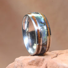 Load image into Gallery viewer, Hawaiian Koa Wood Abalone Shell Ring Size 8 316L Steel.
