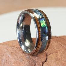 Load image into Gallery viewer, Hawaiian Koa Wood Abalone Shell Ring Size 8 316L Steel.
