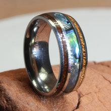 Load image into Gallery viewer, Hawaiian Koa Wood Abalone Shell Ring Size 8 316L Steel.
